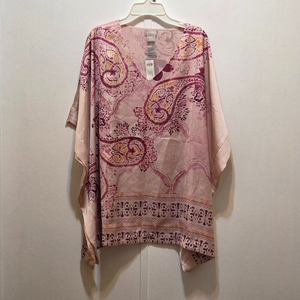 Chico's‎ Pink Paisley Satin Boho Artsy Poncho Kimono Dolman Top S/M New
